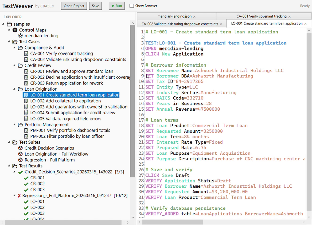 TestWeaver editor showing a test script with syntax highlighting