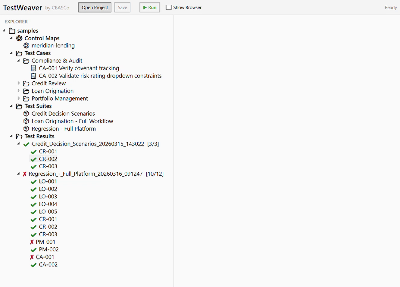 TestWeaver project explorer with test cases, suites, and results